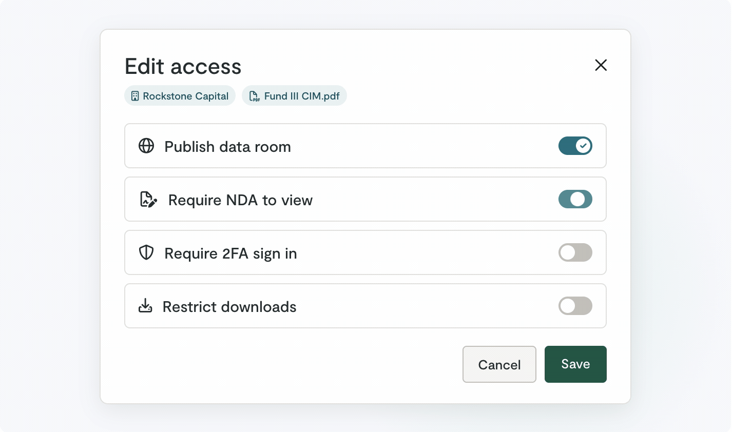 Data rooms Access control